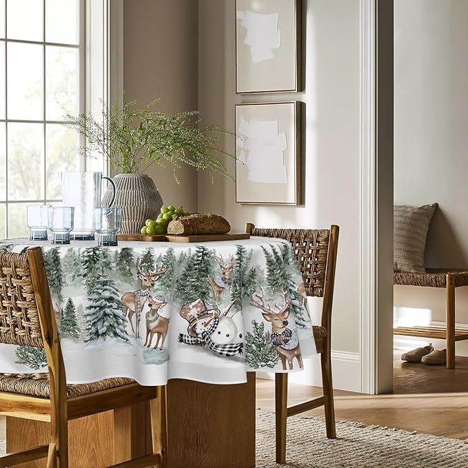Horaldaily Christmas Tablecloth 70×70 Inch Round, Deers Snowman Trees White Washable Table Cover for Party Picnic Dinner Decor