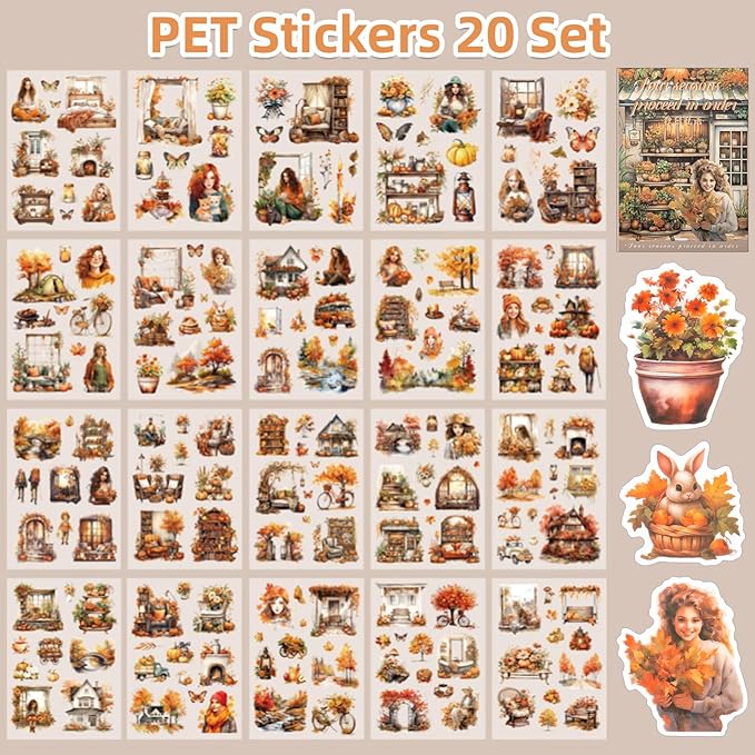 Autumn Theme Sticker Scrapbooking Supplies for Junk Journal, 20 Sheets PET Stickers - Vintage Journaling Stickers, Ephemera Sticker Book Pre Cut(TZ-006-003)