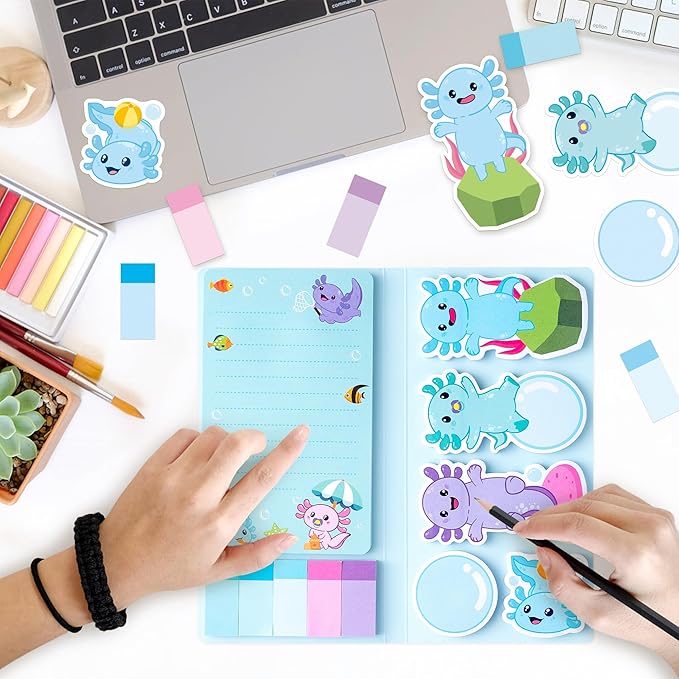 Xqumoi I Just Really Like Axolotl Sticky Notes Set, Animal Mexican Walking Fish Shaped Self-Stick Notes Pads Writing Memo Pad Page Marker Bookmarks Back to School Office Supplies Party Favors (Blue)