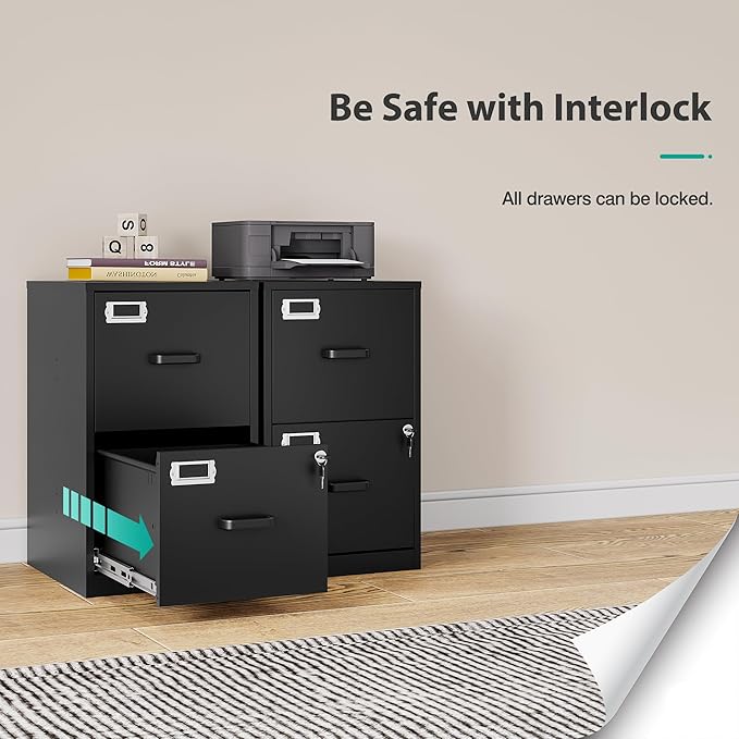 SISESOL 2 Drawer File Cabinet with Lock,Narrow Vertical Filing Cabinet,Under Desk File Cabinets,Black Metal File Cabinets for Home Office,Fit Letter/A4/Legal Size File,Easy Assembly