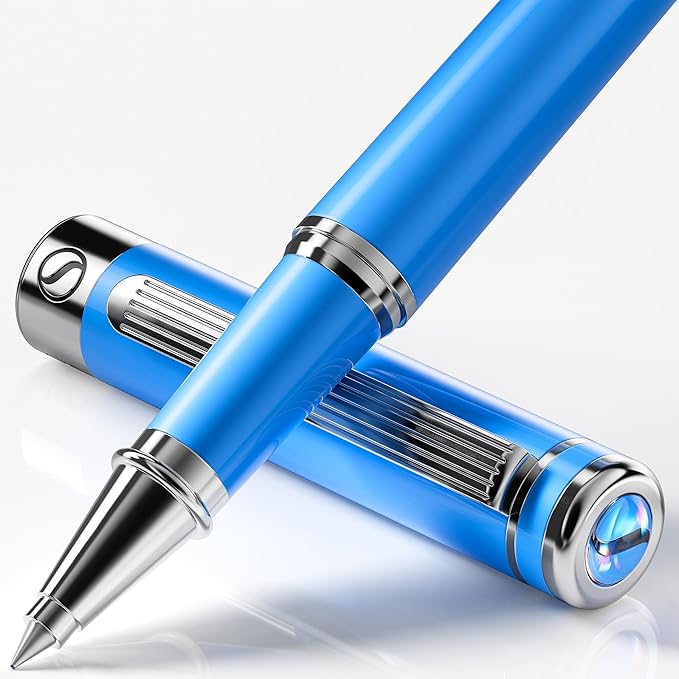 Scriveiner Sky Blue Rollerball Pen - Stunning Luxury PenWith Chrome Finish, Schmidt Ink Refill, Best Roller Ball Gift Set for Men & Women, Professional, Executive Office, Nice Pens