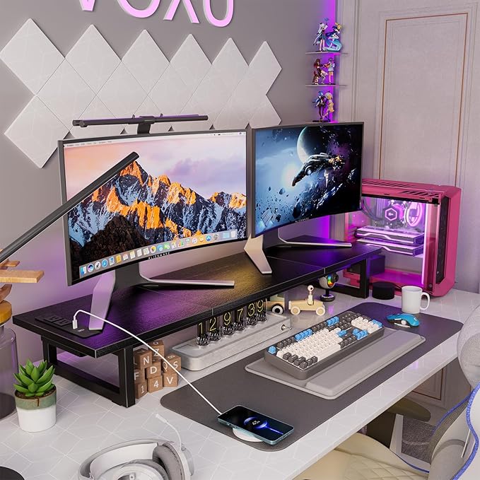 Simple Trending Dual Monitor Stand Riser with 2 USB Charging Ports, Computer Desk Organizer for 2 Monitors, Extra Long TV Stand for Laptop Office, iMac, Black