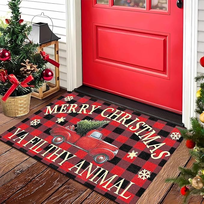 InterestPrint Merry Christmas Buffalo Plaid Truck Doormat, Red Plaid Door Mats with Non-Slip Backing Welcome Matt Outdoor Non Slip Rubber Entry Doormat Entrance Mat, 18" x 30"Inch