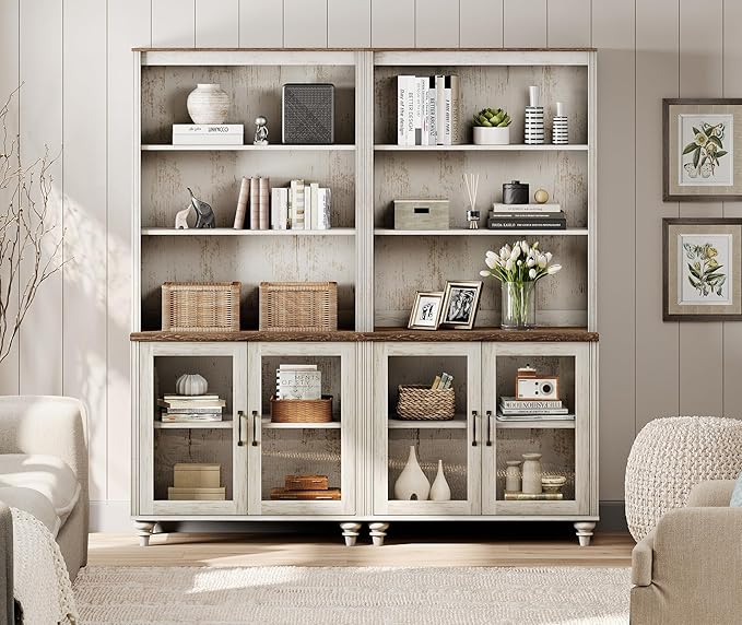 WAMPAT 5 Tier Bookshelf, Bookcase with Glass Doors,Large Farmhouse Display Book Shelf with Adjustable Shelves and Storage Cabinet，Library Wood Bookshelves for Living Room,Kitchen, Rustic White (2PCS)