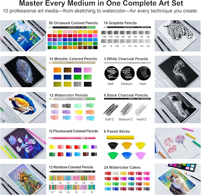 240PCS Artists Art Supplies - Drawing Kit with 3 Sketchbook, Coloring book - Graphite,Colored, Charcoal, Watercolor,Metallic,Fluorescent & Rainbow Pencils - for Artists and Beginners