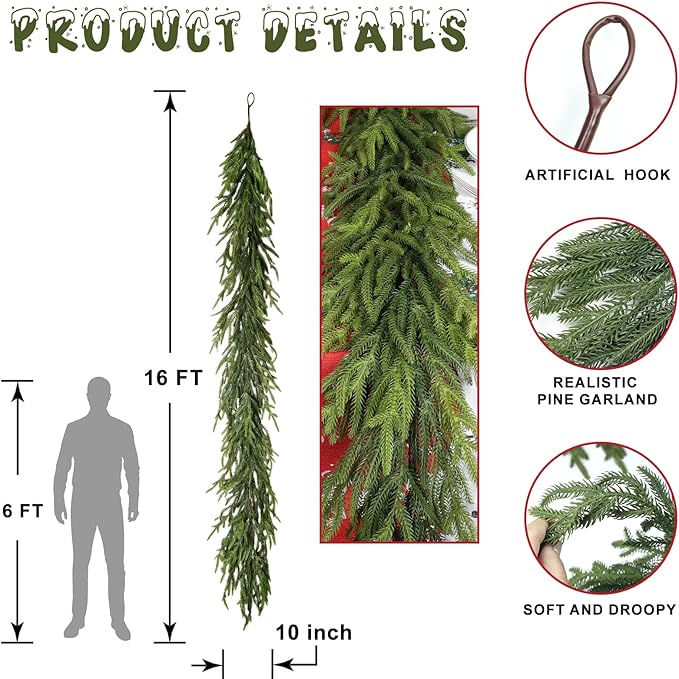 16 Ft Realistic Winter Garland,Natural Droopy,Soft Bendable Cedar Garland, Lifelike Christmas Decorations,Christmas Garland for Mantle,Winter Thanksgiving Decorations Indoor