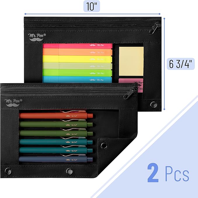 Mr. Pen Fabric Pencil Pouch with 3 Binder Holes, Black, Set of 2