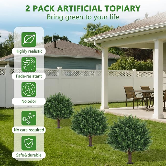 Artificial Set of 2 Cedar Topiary Ball Trees 23" for Outdoors with Ground Spike, UV Resistant Faux Cypress Plants, Evergreen Shrubs Bushes for Front Porch Garden Backyard Decor