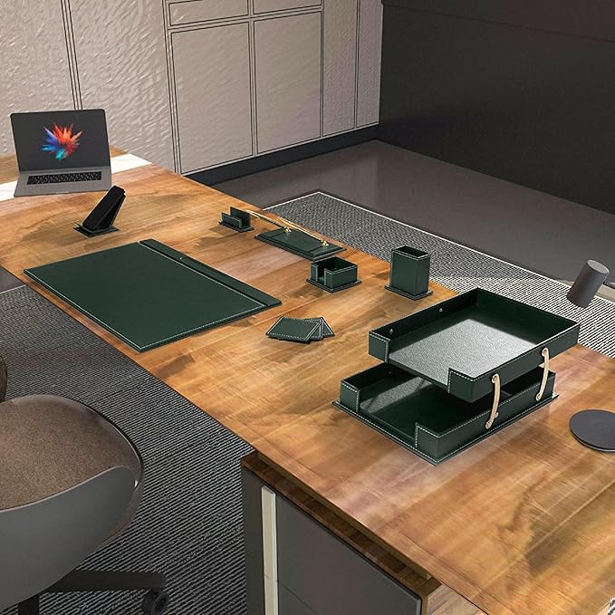 MOOGCO Bonded Set Luxury Leather Desk Pad & Desk Organization Essentials Desk Organizer Leather Desk Organizer (Green)