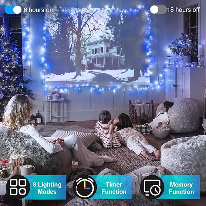 2 Pack Total 200FT 600 LED String Lights, Fairy Tree Lights Indoor Outdoor Connectable, 8 Modes & Timer Christmas Lights for Bedroom, Home, Tree, Yard, Door, Wedding, Xmas Decore (Cool White & Blue)