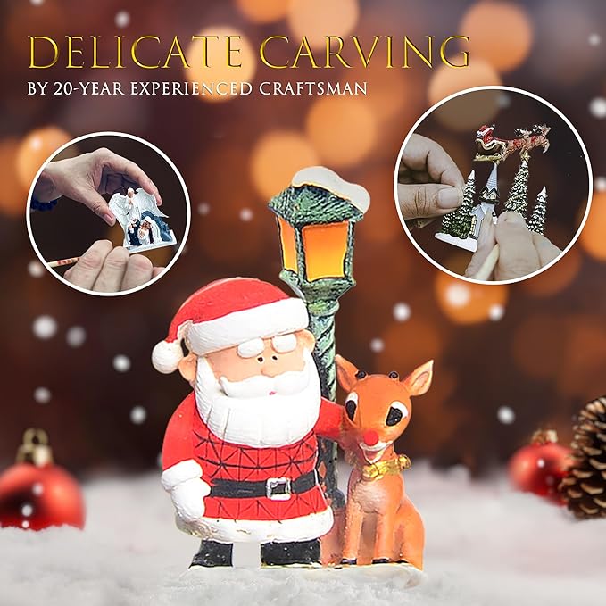 Christmas Snow Globes, Santa Claus and Deer Christmas Lantern with 8 Songs, 6H Timer Battery & USB Powered Glitter Music Box for Christmas Table Decorations Holiday