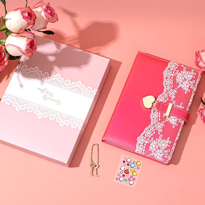 Lace Diary with Lock& Gift Box for Women and Girls 224 Pages Cute Journal with Lock and Key A5 Leather Password Locked Journals for Writing Note Taking, Rosy (Pink)
