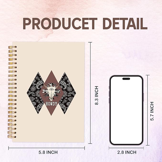 KAOWT Boho Western Howdy Notebook Journal, Rustic Western Cow Skull Notebooks for Note Taking, Country Southwestern Tribal Journal, Cowboy Cowgirl Gifts Hardcover Spiral Notebook 5.5x8.3in