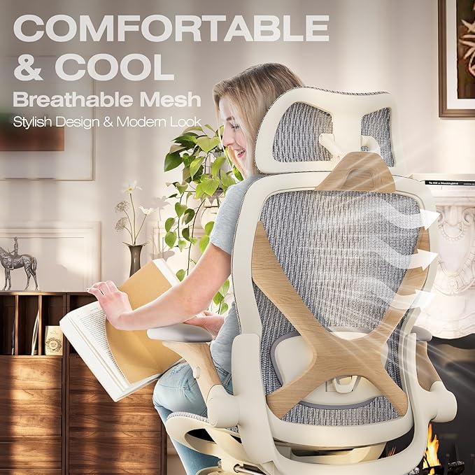 ELABEST X100 Ergonomic Office Chair with Footrest, Big and Tall Home Desk Chair with 5D Flip-Up Arms, Adjustable 7D Lumbar Support,High Back Rolling Computer Chair, Swivel Mesh Chairs (Foggy Morning)
