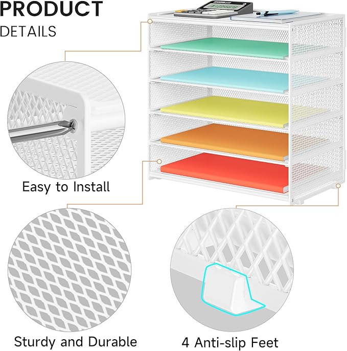 2 Pack 6 Tier Paper Organizer, Metal Mesh Desk File Folder, Letter Tray Organizer, Paper Sorter Desk Organizers for Office, Home or School File Folder Holder - White