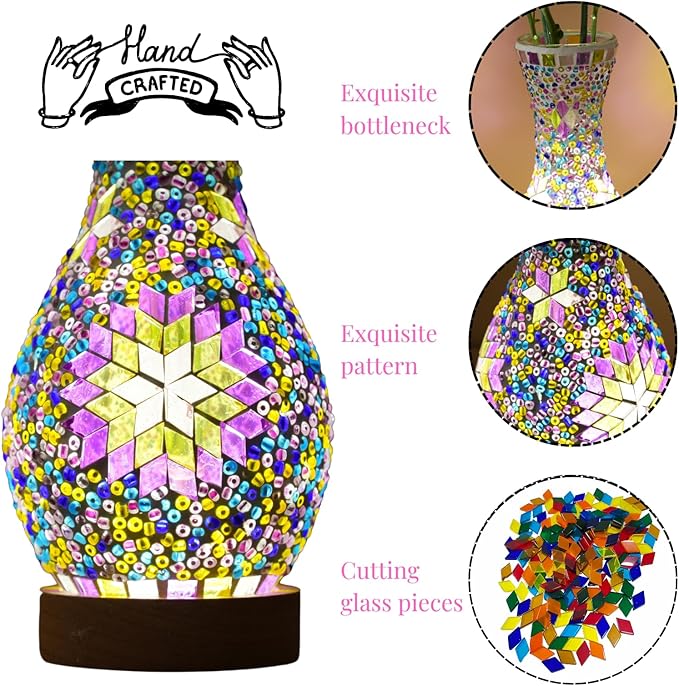 Turkish Mosaic Table Lamp, Moroccan Style Colorful Handmade Glass Vase, USB Tiffany Mosaic Table Night Light for Bedroom, Living Room Decor, 9" Height