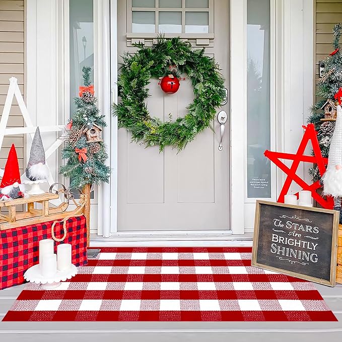 Ckorzen Red and White Plaid Rug, 3' x 5' Christmas Front Porch Outdoor Rug, Handwoven Cotton Washable Rug for Layered Door Mats, Holiday Entryway and Home Décor