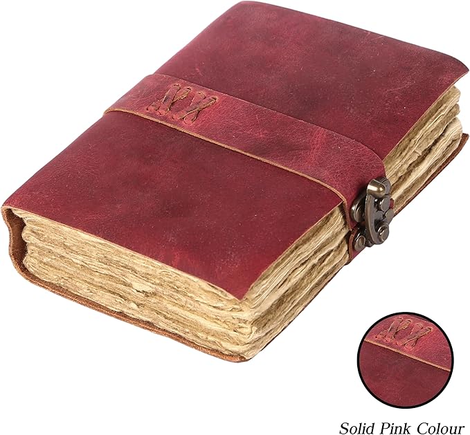 Vintage Leather Journal Handmade Buffalo Non-Refillable Deckle Edge Paper – Leather Bound Journal for Women, Men, C-Lock Closure, Ideal for Writing & Travel for Artists (Solid Pink)