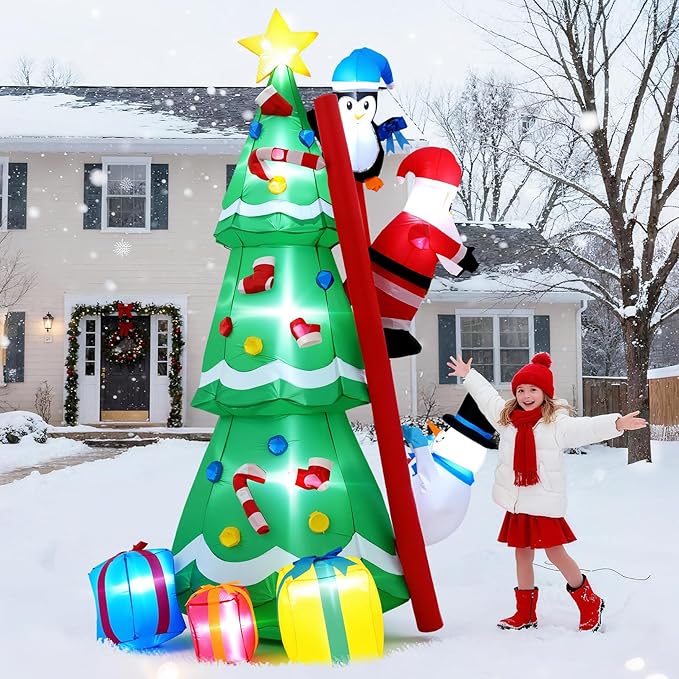 8FT Christmas Inflatable Decorations, Santa Climbing Ladder to Christmas Tree, Outdoor Christmas Blow up Yard Decor with LED Lights Star Treetop for Holiday Party Garden Patio Display Hall Lawn
