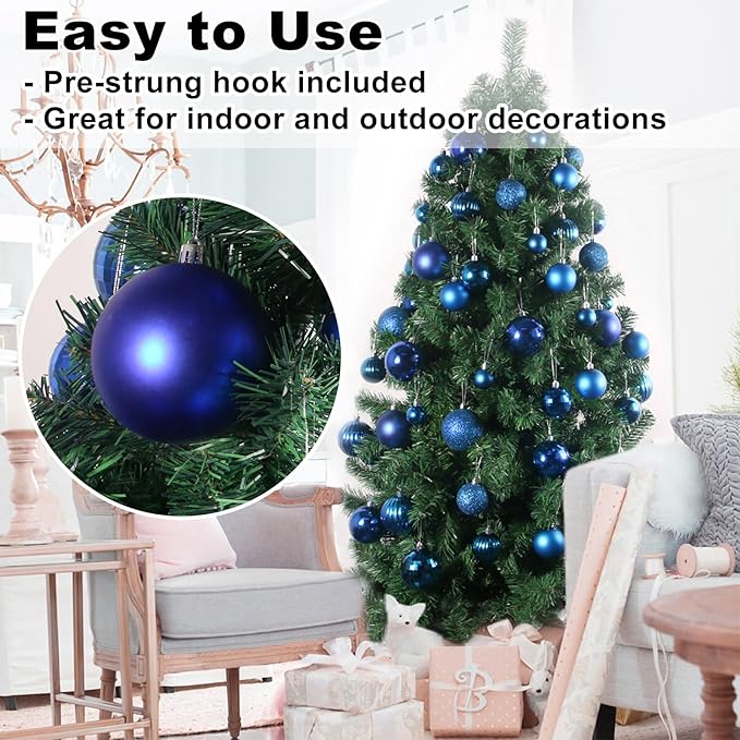 Royal Blue Set of XL (4.0") 4PCS Christmas Balls - Christmas Tree Decoration Ornaments Shatterproof Hanging Balls for New Year Easter Valentine Holiday Decorations