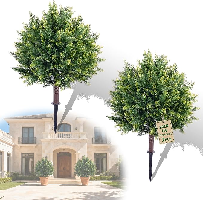 24inch Artificial Cedar Christmas Trees, Norfolk Pine Tree. 2 Sets Faux Cypress Topiary with Spikes Outdoor Christmas Tree Front Porch Decor, Fake Shrubs Planters, Christmas Pot fillers urn Filler