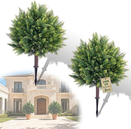 24inch Artificial Cedar Christmas Trees, Norfolk Pine Tree. 2 Sets Faux Cypress Topiary with Spikes Outdoor Christmas Tree Front Porch Decor, Fake Shrubs Planters, Christmas Pot fillers urn Filler