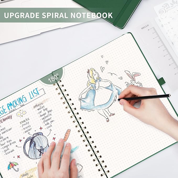 AHGXG Bullet Dotted Journal Spiral Notebook 8.5" x 11", Large A4 Leather Hardcover Dotted Notebook, 100 GSM Thick Dot Grid Paper, Inner Pocket, for Bullet Journaling, Green