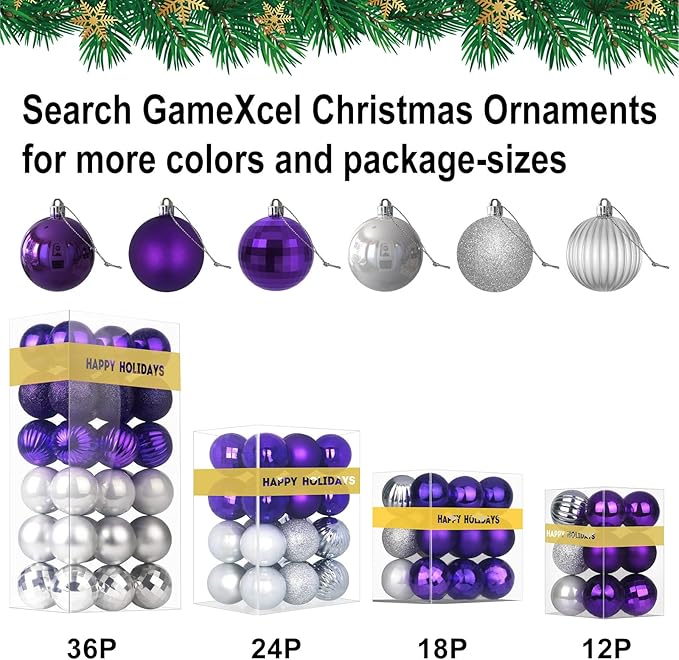 Purple & Silver 1.6" Small Christmas Balls Christmas Tree Decoration Ornaments Shatterproof Hanging Balls for Birthday Halloween Holiday Wedding Decorations Set of 24pcs