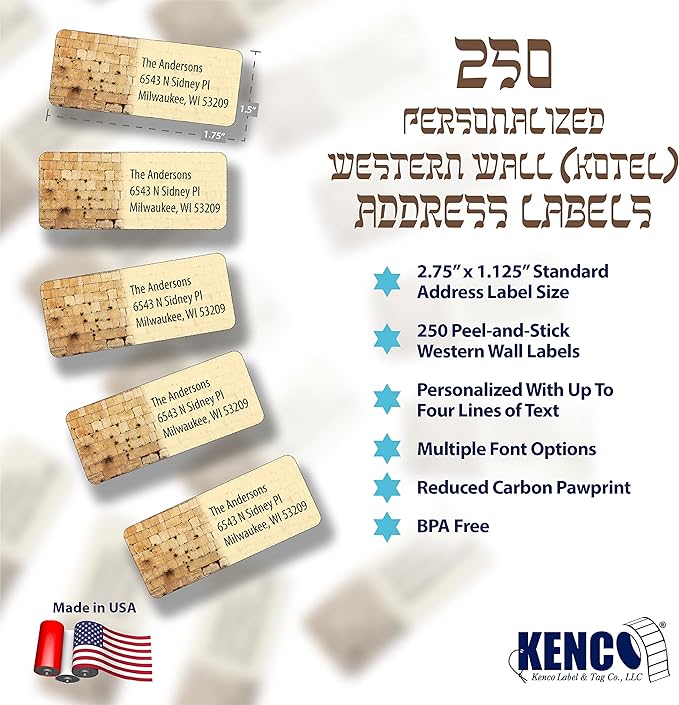 Customized Personalized Address Labels - Made in The USA by Kenco (250 Labels, Kotel Western Wall)
