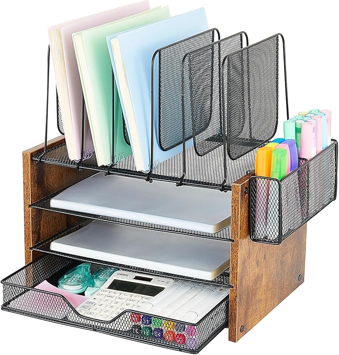 Wood Desk Organizers and Accessories, 4-Tier Workspace Desktop Paper Organizer with Drawer, 5 Vertical File Holders and Pen Holder for Office Supplies