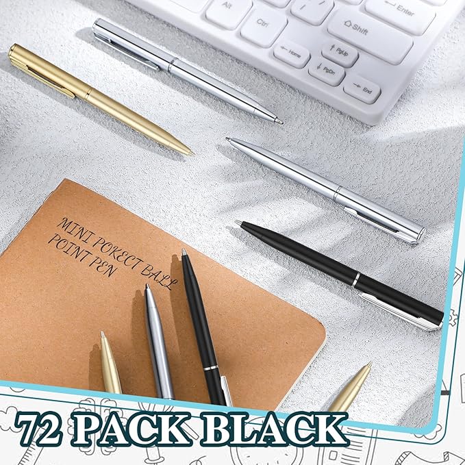 Teling 72 Pcs Small Ballpoint Pen Mini Pens Bulk 4 Inch Short Small Tiny Black Ink Ballpoint Writing Tool for Notebook Pockets Signature Notepads School Office(Sliver, Gold, Black,Classic Style)