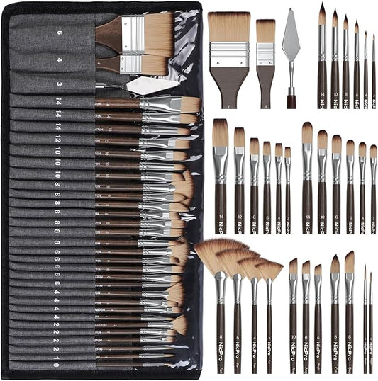 Nicpro 32pcs Paint Brush Set, Professional Paintbrushes with Paint Spatula and Cloth Roll Case, Craft Paint Brushes for Acrylic Painting, Oil, Watercolor, Gouache, Art Supplies for Artists Beginners