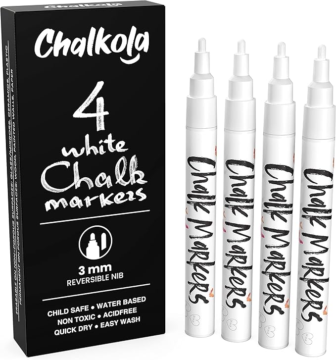 White Chalk Markers Fine Tip (4 Pack 3mm) - Wet & Dry Erase Chalk Pens for Blackboard, Chalkboards, Windows, Signs, Glass, Bistro - 3mm Reversible Bullet & Chisel Point