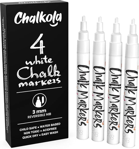 White Chalk Markers Fine Tip (4 Pack 3mm) - Wet & Dry Erase Chalk Pens for Blackboard, Chalkboards, Windows, Signs, Glass, Bistro - 3mm Reversible Bullet & Chisel Point