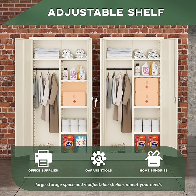 Greenvelly Metal Wardrobe Cabinet with Lock Door, 72" Metal Wardrobe Closet with Hanging Rods and Adjustable Shelves, Clothing Storage Closet Cabinet for Home, Office, Employee, Gym (Grey)