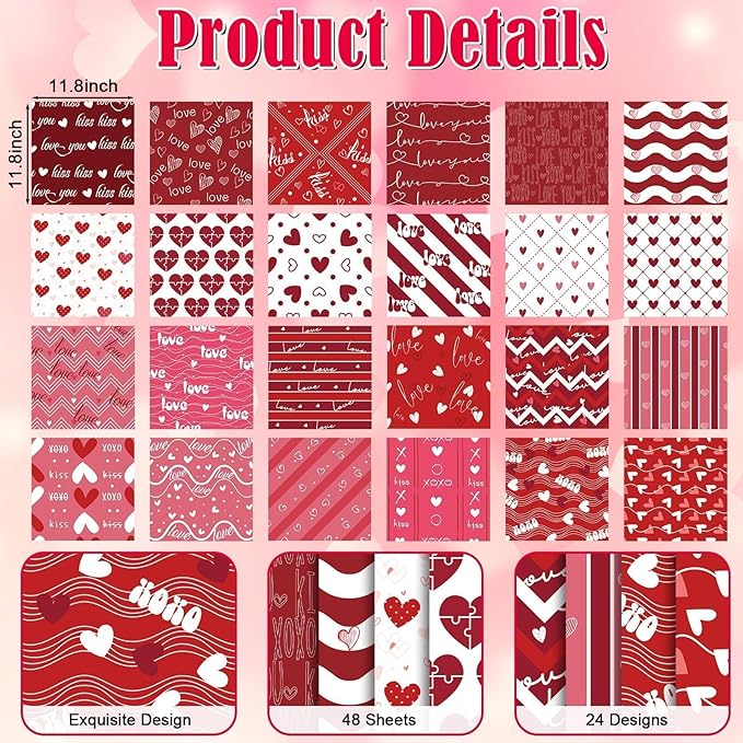 48Pcs Heart Pink Scrapbook Paper Pad, 12x12 Inch Colorful Love Decorative Craft Paper for Junk Journal Supplies, DIY Cards, and Photo Albums, Aesthetic Craft Supplies for Kids and Adults