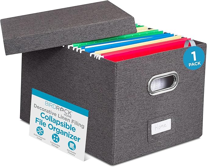 Internet's Best Collapsible File Storage Organizer | Decorative Linen Filing & Storage Office Box | Letter/Legal | Grey