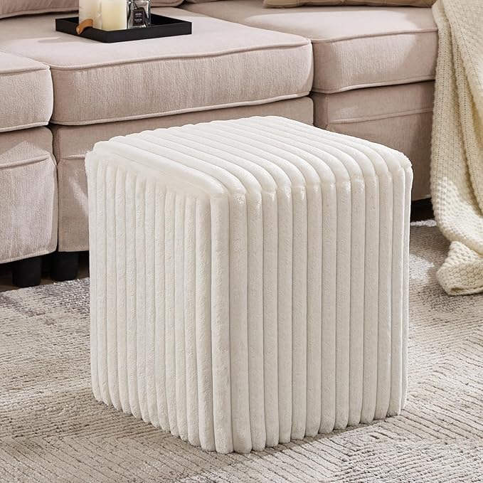 Modern Square Ottoman, Vertical Channel Tufted Foot Stool Ottoman, Velvet Upholstered Vanity Stool for Makeup, Bedroom, Living Room, White