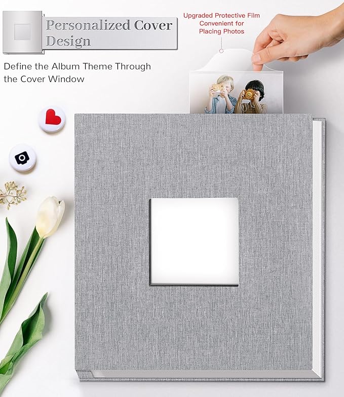 Photo Album Self Adhesive Scrapbook Album for 3x5 4x6 5x7 8x10 Pictures, 60 Pages Linen Cover with Display Window DIY Photo Book,Ideal Gifts for Family Travel Wedding Baby