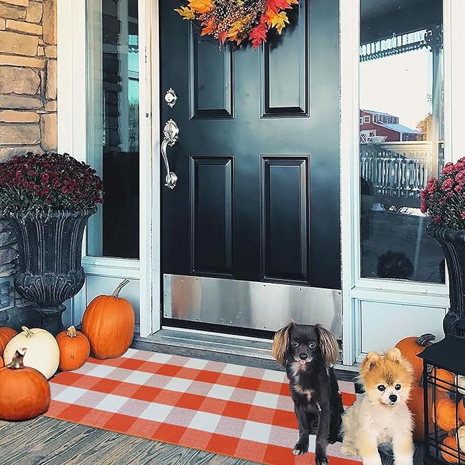 Buffalo Plaid Outdoor Rugs, 2'x4'3'' Orange and White Checkered Indoor/Outdoor Area Rug, Layering Rug for Hello/Welcome Door Mat, Washable Cotton Woven Farmhouse Mat for Fall Front Porch Décor