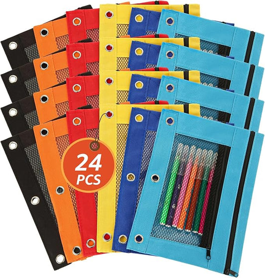 SHUESS 24 Pack Pencil Pouch for 3 Ring Binder, Bulk 3 Holes Zipper Pencil Pouches in 6 Assorted Colors, Durable Binder Pencil Pouch/Bag for Office Supplies