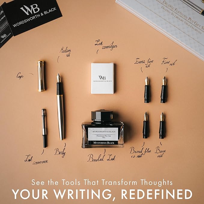 Wordsworth & Black Fountain Pen Gift Set, Includes Ink Bottle, 6 Ink Cartridges & A Refill Converter, 4 Replacement Nibs, Premium Package, Journaling, Calligraphy, Smooth Writing Pens [Silver Chrome]