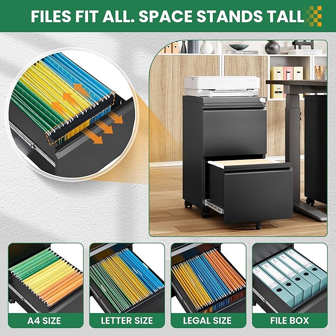 2 Drawer Metal File Cabinet with Lock, Rolling File Cabinets with Lock for A4/Legal/Letter Size, Under Desk Filing Cabinet for Home Office Assembly Required（Black）