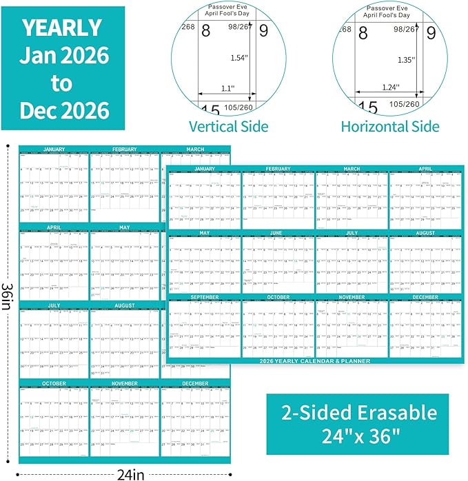 2026 Wall Calendar 24" x 36" Dry Erase Calendar for Wall from January 2026 to December 2026 12 Month Annual Large Yearly Wall Planner for Office School(Green)