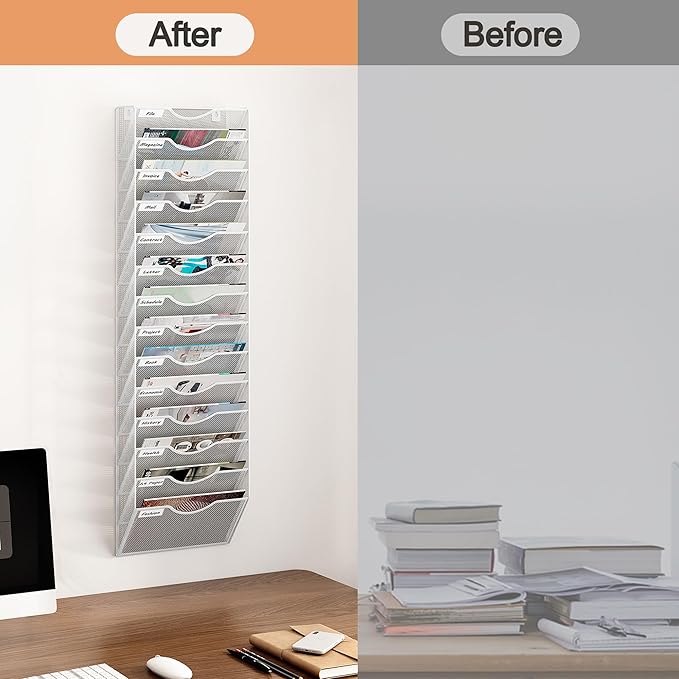 14 Tier Hanging Wall File Holder, Metal A4 Wall Mounted Document Holder, Vertical Hanging Mail Organizer, Magazine Storage Rack with Tray for Office Home Classroom, White