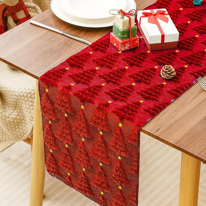 Christmas Table Runner 13x108 Inch, Xmas Trees Star Winter Holiday Decorative Farmhouse Table Decorations for Kitchen Dinning, Indoor Outdoor Dinner Party Decor (Red) 1Pack