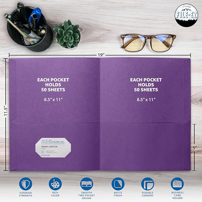 FILE-EZ Two-Pocket Folders, Purple, 25-Pack, Textured Paper, Letter Size (EZ-32545)