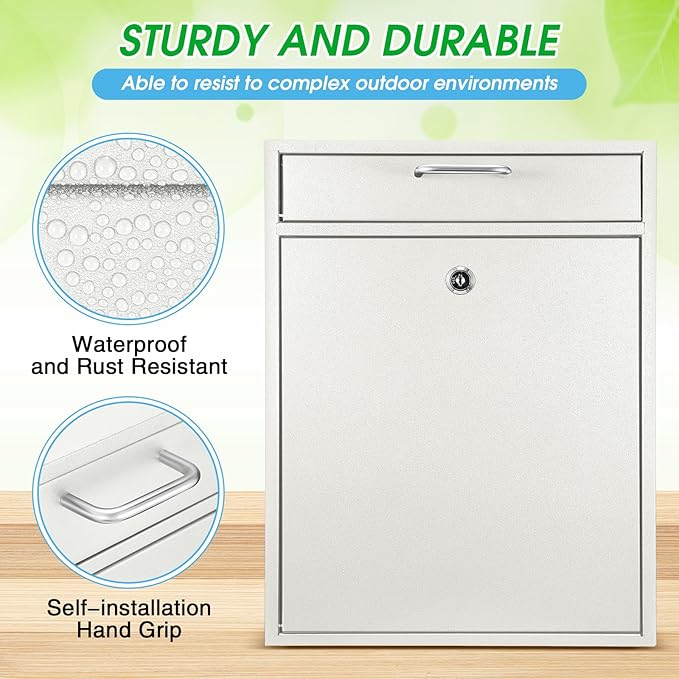 Locking Mailbox with Key for Outdoor 18 x 15 x 7 Inches Large Wall Mount Mail Box with Lock Security Mail Drop Metal Collection Boxes Hanging Secure Postbox(Creamy White)