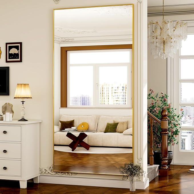 GLSLAND-38 x 77" Rectangular Full Length Mirror - Large Floor Mirrors Aluminum Alloy Frame Full Body Dressing Mirror for Bedroom, Living Room,Gold