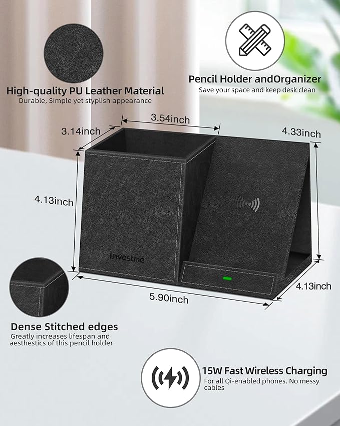 Pen Holder with Wireless Charger, Pencil Holder for Desk, Multi-Functional Desktop Organizer, Desk Organizers and Accessories for Home School Office Supplies, PU Leather Black